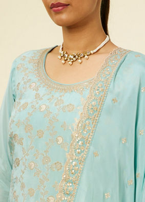 alt message - Mohey Women Light Blue Bel Buti Jaal Patterned Palazzo Suit image number 2